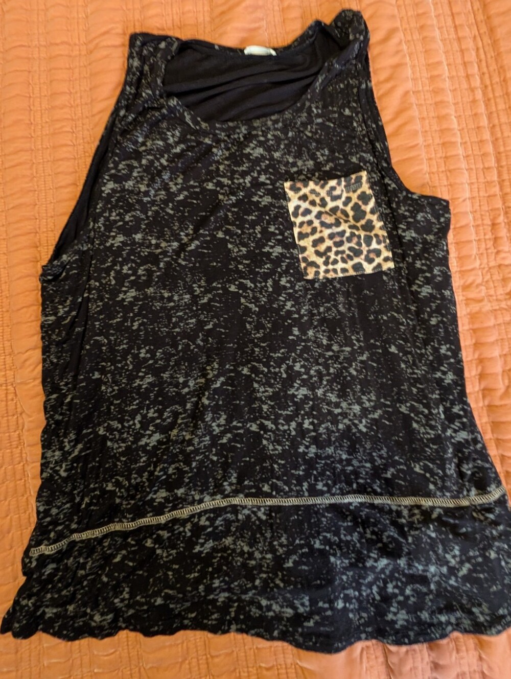Black Speckled Tank Top with Leopard Pocket